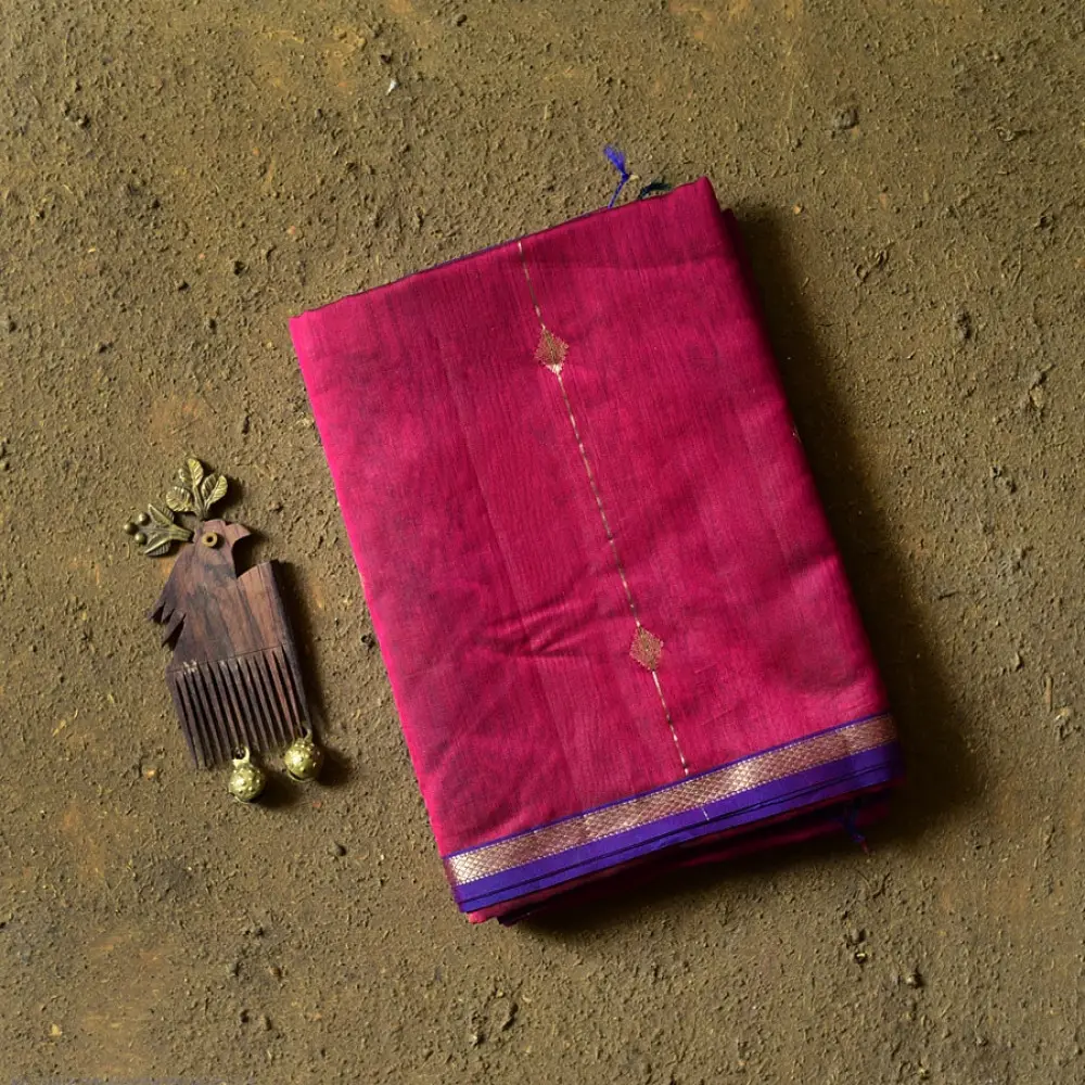 buy Zari Border Maheshwari Silk Saree ~ Rani Pink