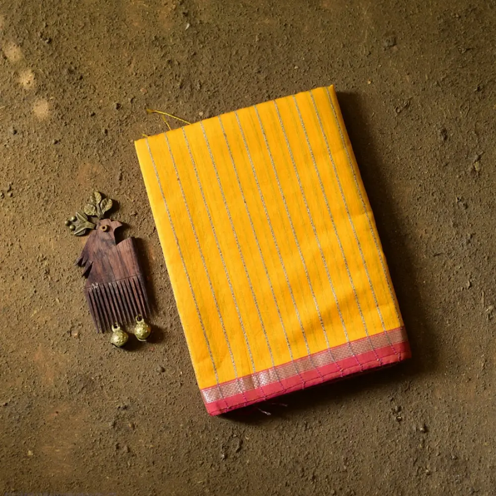 buy Zari Stripes Maheshwari Silk Saree ~ Yellow