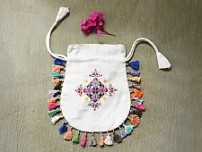Soof Embroidery | Potli Cotton Purse / Cotton Potli Sling Bag - White