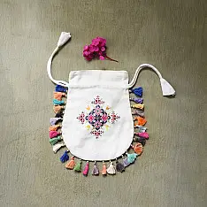 Soof Embroidery | Potli Cotton Purse / Cotton Potli Sling Bag - White