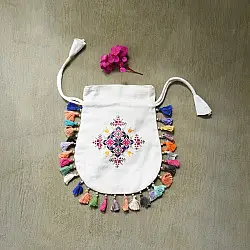 Soof Embroidery | Potli Cotton Purse / Cotton Potli Sling Bag - White
