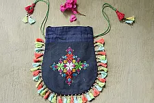 Soof Embroidery | Potli Cotton Purse / Cotton Potli Sling Bag - Blue