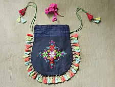 Soof Embroidery | Potli Cotton Purse / Cotton Potli Sling Bag - Blue