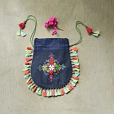 Soof Embroidery | Potli Cotton Purse / Cotton Potli Sling Bag - Blue