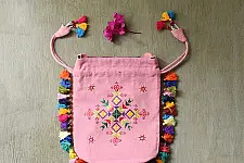 Soof Embroidery | Potli Cotton Purse / Cotton Potli Sling Bag - Pink