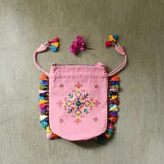 Soof Embroidery | Potli Cotton Purse / Cotton Potli Sling Bag - Pink