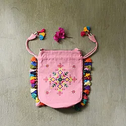 Soof Embroidery | Potli Cotton Purse / Cotton Potli Sling Bag - Pink