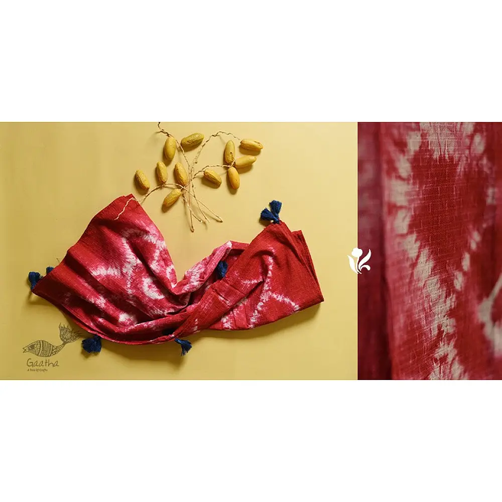 shop Handcrafted Shibori Dupatta - Red Ogee Waves, Tritik