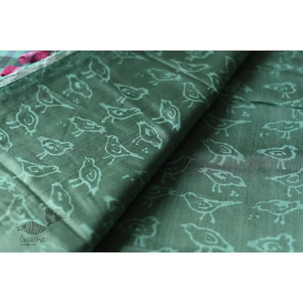 Block Printed Saree . Cotton Silk Handloom - Sparrow Motif
