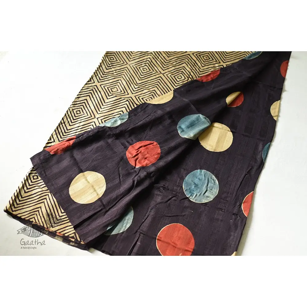 Natural Color . Block Printed Pure Silk Saree - Black