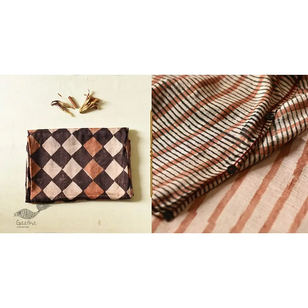 Natural Dyed . Block Printed Pure Silk Saree - Brown & Black Checks