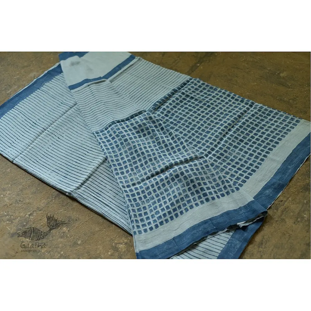 Handloom lndigo block printed linen saree