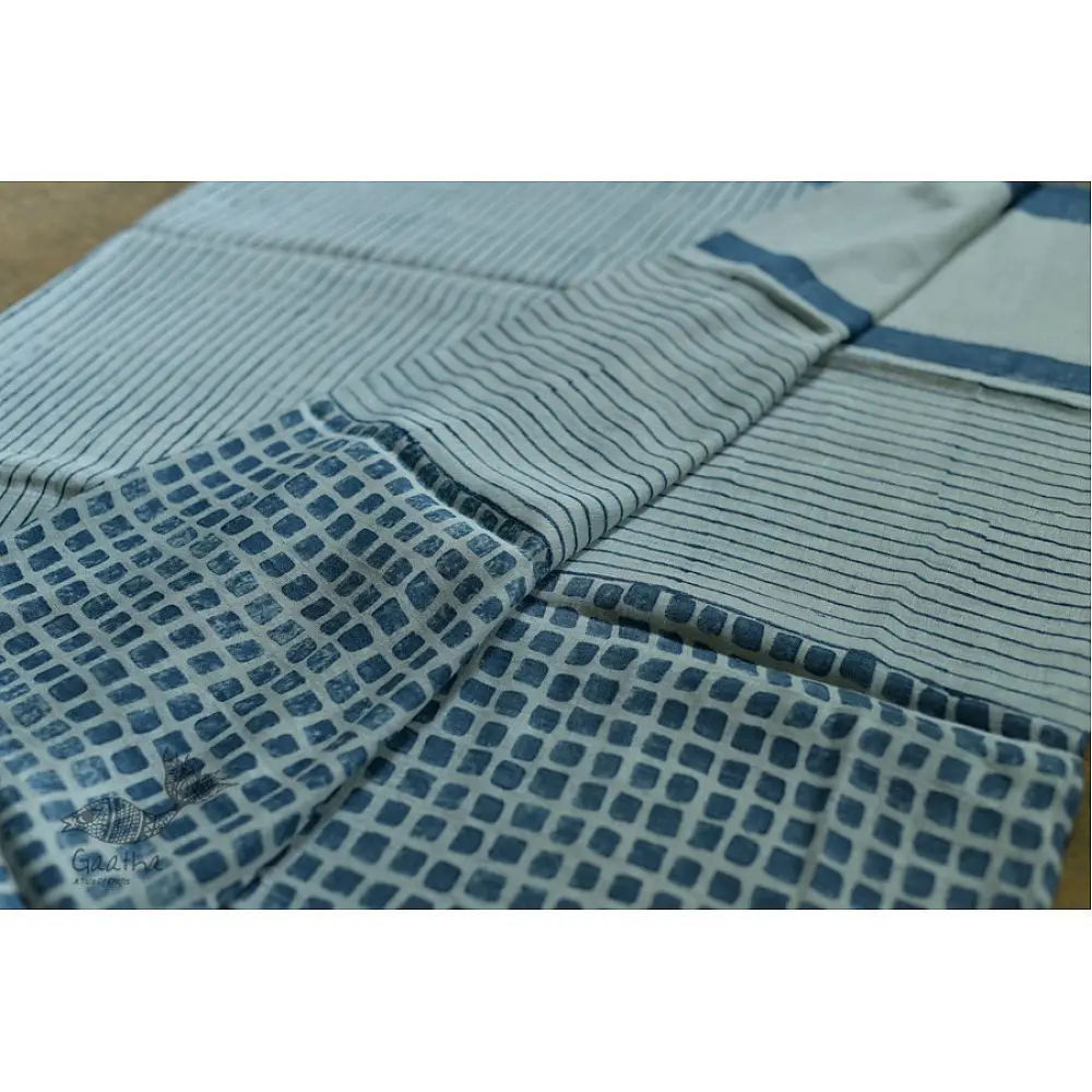 Handloom lndigo block printed linen saree