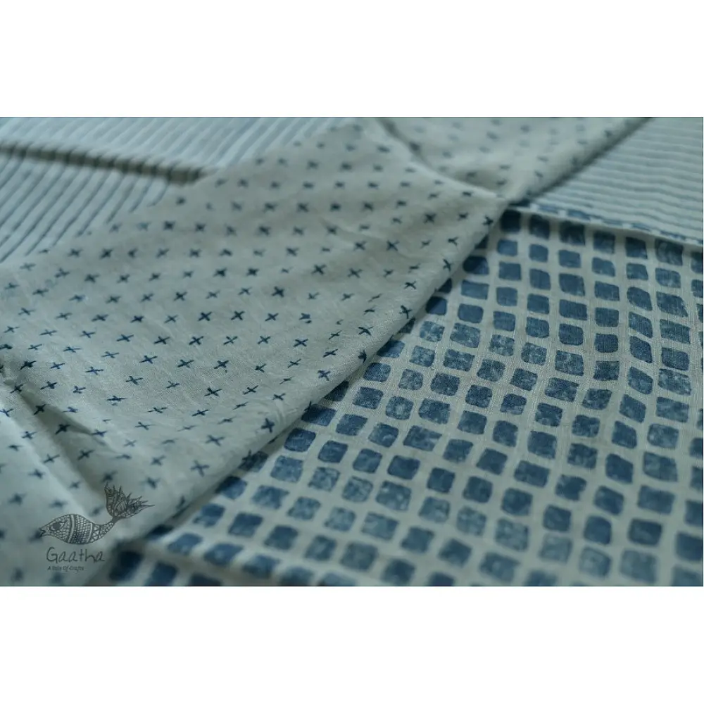 Handloom lndigo block printed linen saree