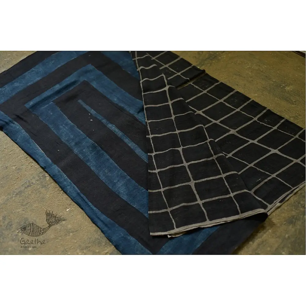 Handloom lndigo block printed linen saree