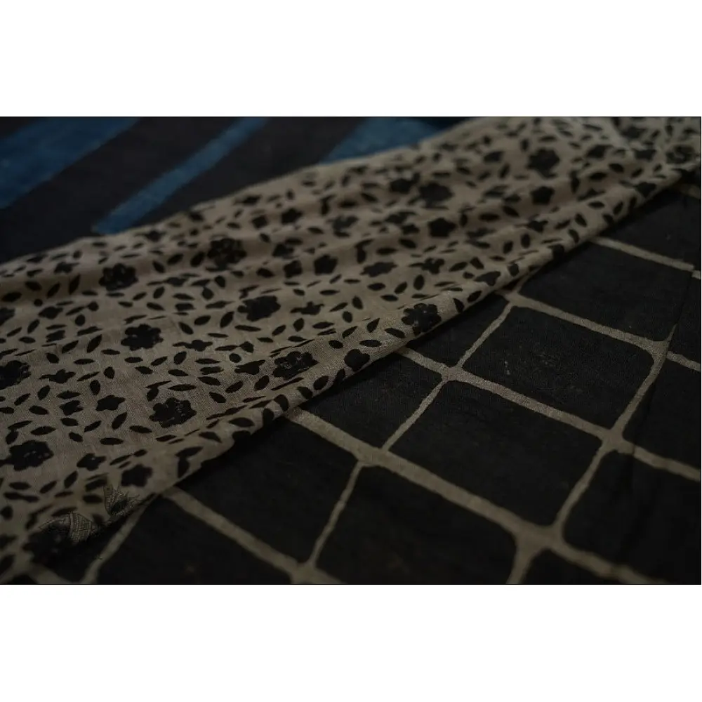 Handloom lndigo block printed linen saree