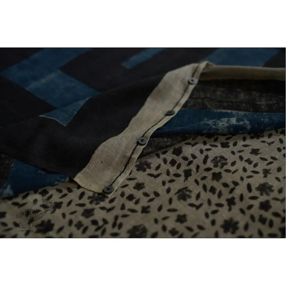 Handloom lndigo block printed linen saree