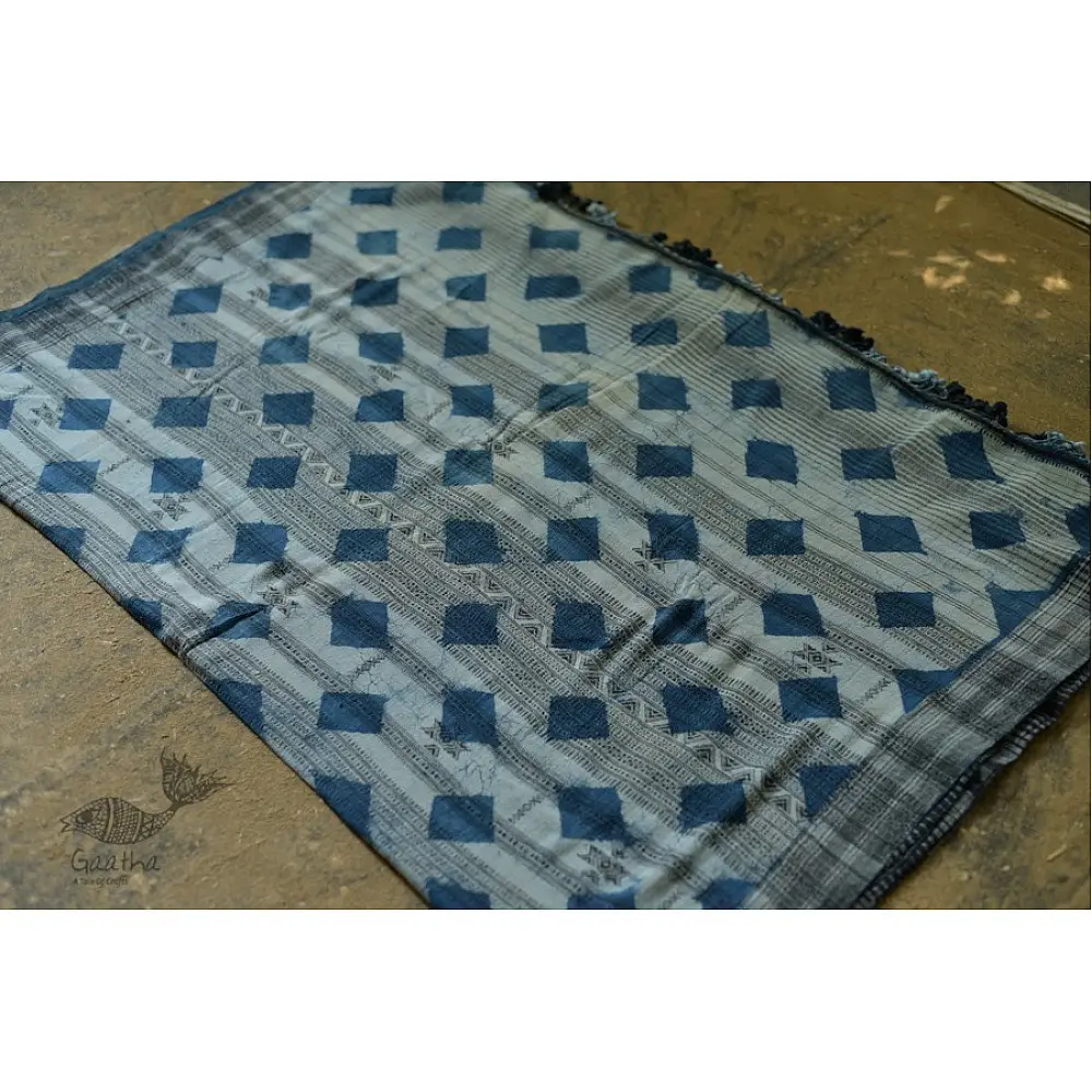 Handloom lndigo block printed kala cotton saree