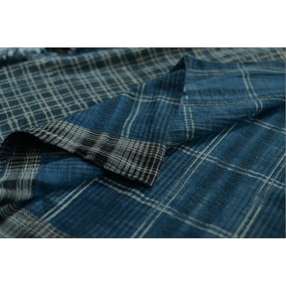 Handloom lndigo block printed kala cotton saree