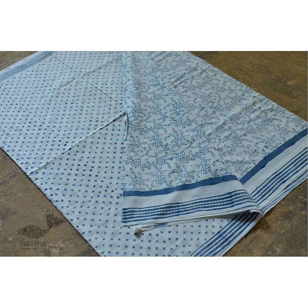 Handloom lndigo block printed cotton saree