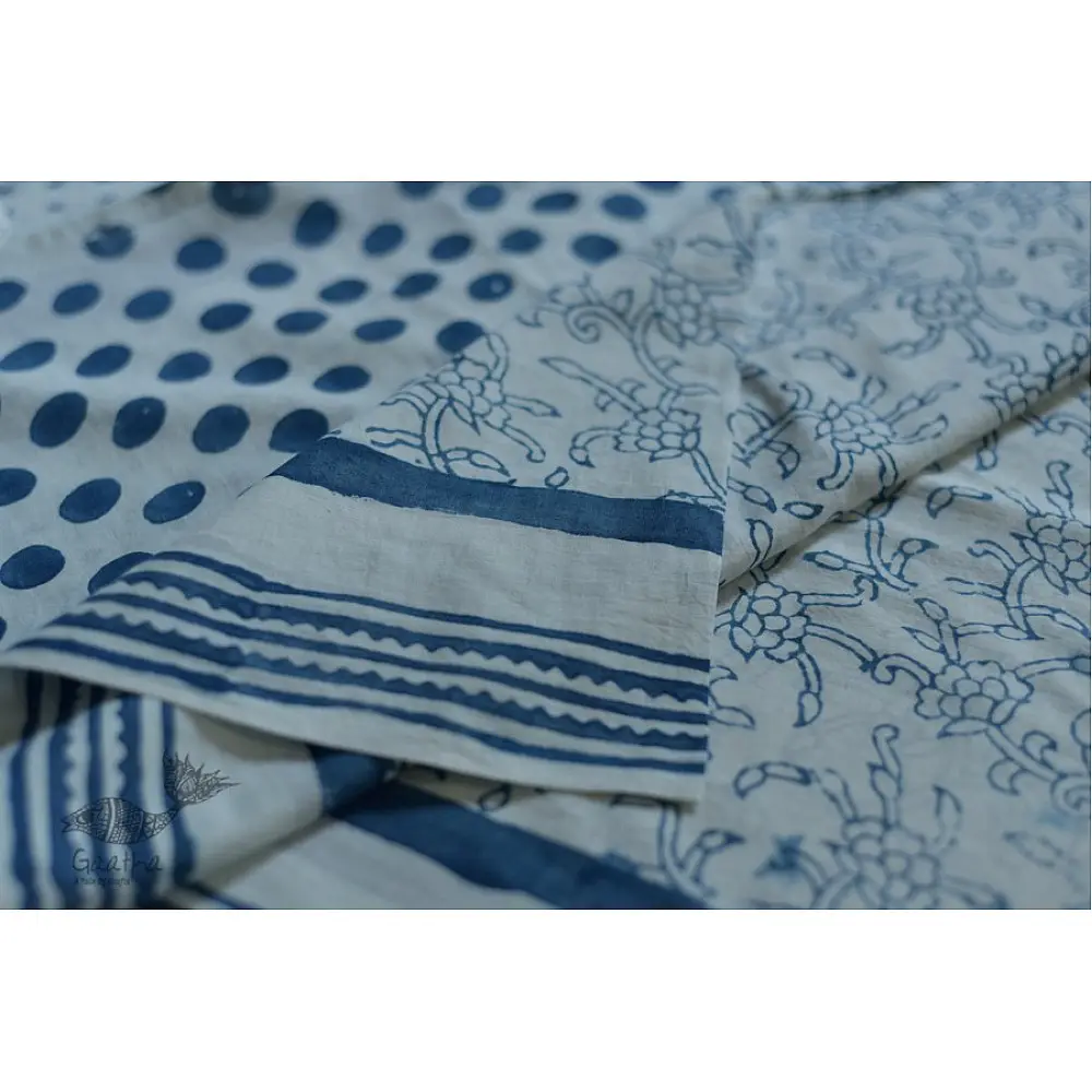 Handloom lndigo block printed cotton saree