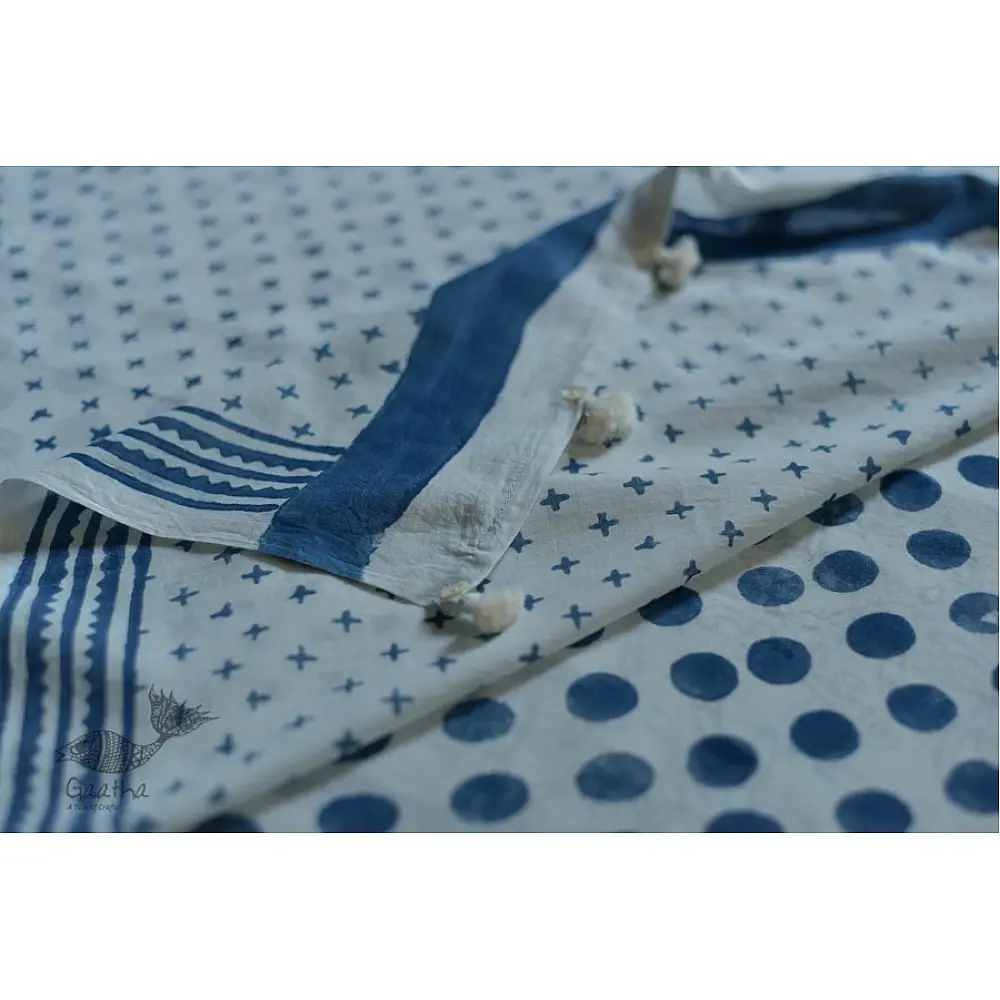 Handloom lndigo block printed cotton saree
