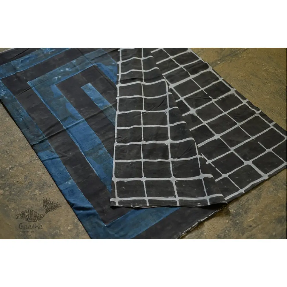 Handloom lndigo block printed cotton saree