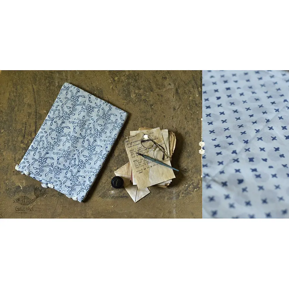 Handloom lndigo block printed cotton saree