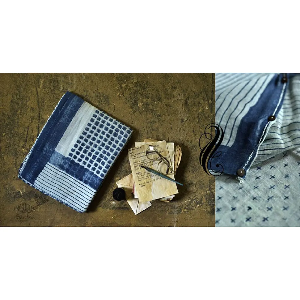 Handloom lndigo block printed linen saree