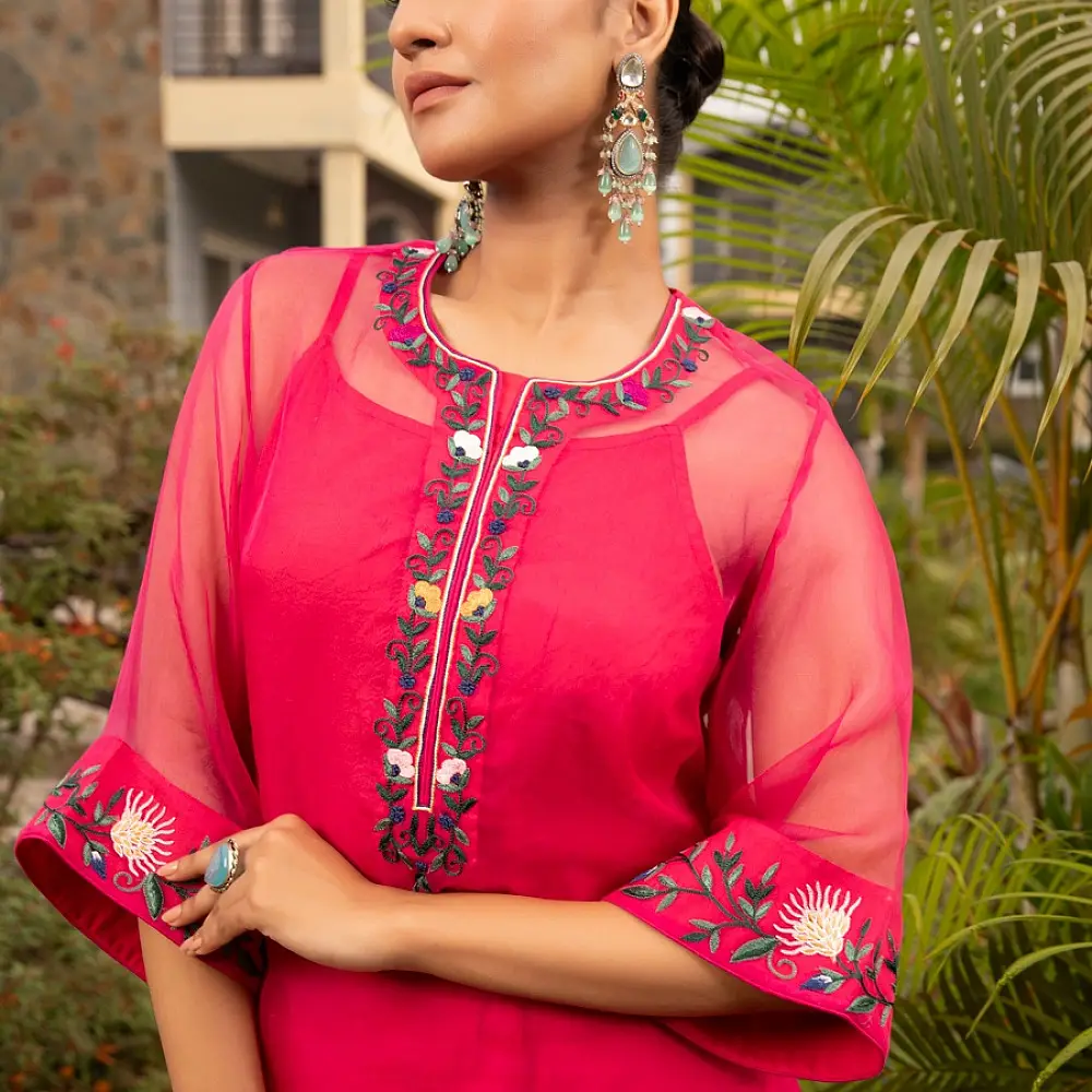 shop Hand Embroidered Chanderi Kurta Set