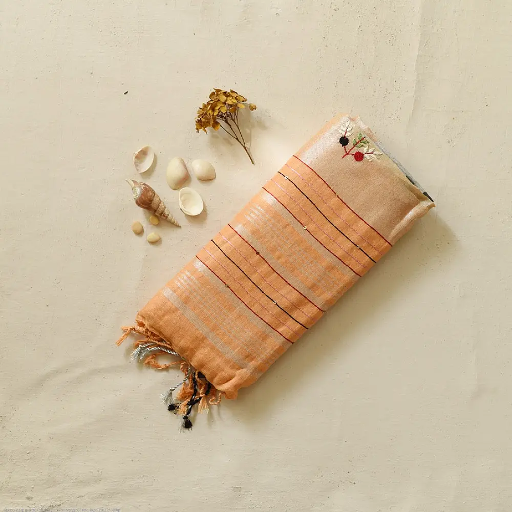 shop Handloom Linen Embroidered Saree - Light Orange