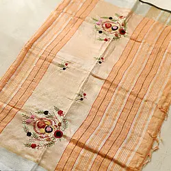 Kopal ❅ Handloom Linen Embroidered Saree - Light Orange