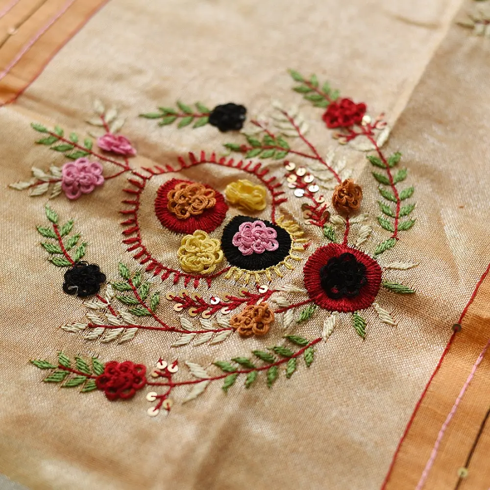 shop Handloom Linen Embroidered Saree - Light Orange