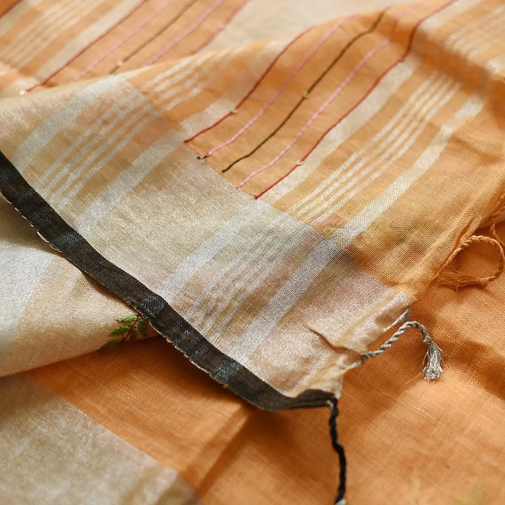 shop Handloom Linen Embroidered Saree - Light Orange
