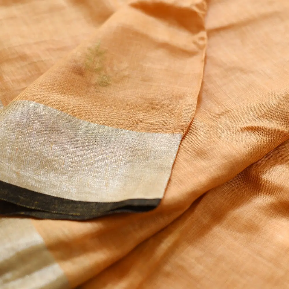 shop Handloom Linen Embroidered Saree - Light Orange