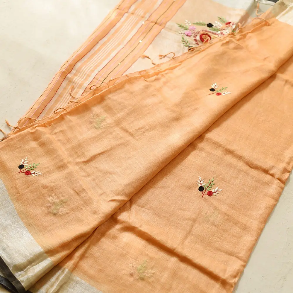 shop Handloom Linen Embroidered Saree - Light Orange