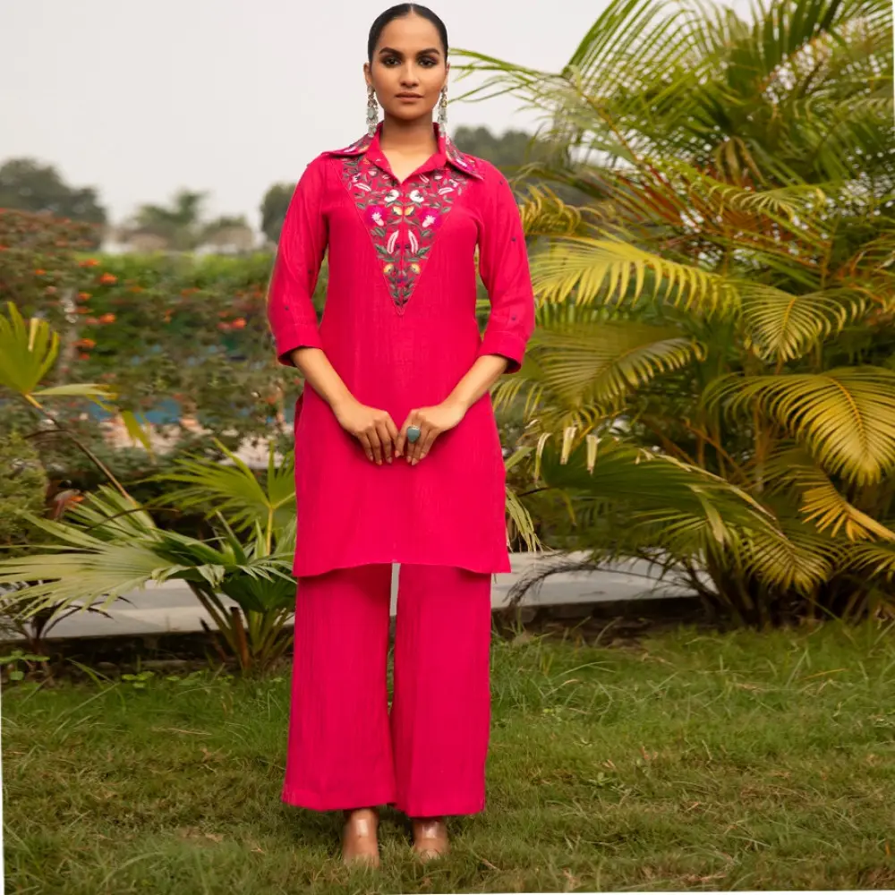 shop Hand Embroidered Chanderi - Tunic Paired with Straight Pant (Set of 2)