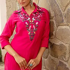 Advaya . अद्वया | Hand Embroidered Chanderi - Tunic Paired with Straight Pant (Set of 2)