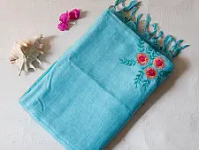 Kopal || Handloom Linen Embroidered Saree - Sky Blue