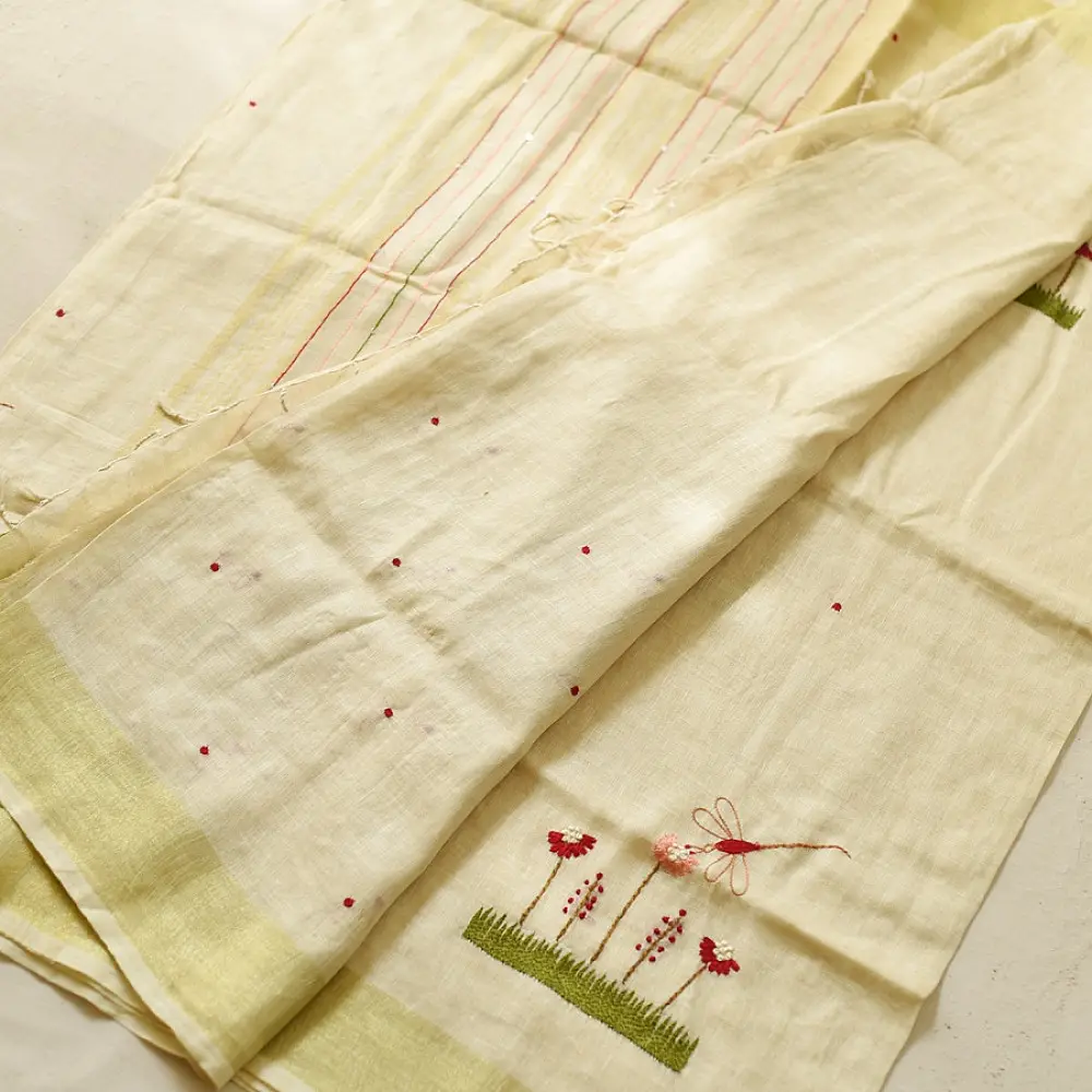 shop Handloom Linen Embroidered Saree - Light Yellow 