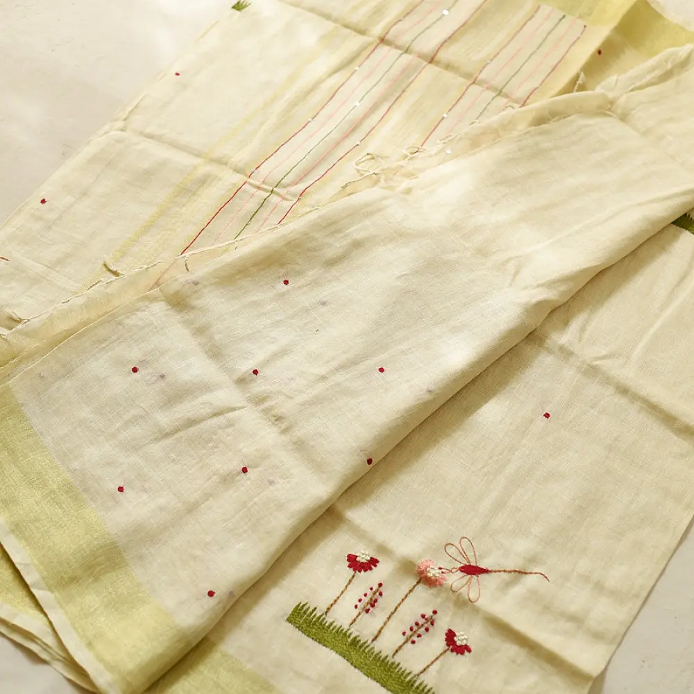 shop Handloom Linen Embroidered Saree - Light Yellow 