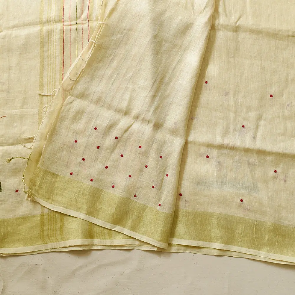 shop Handloom Linen Embroidered Saree - Light Yellow 