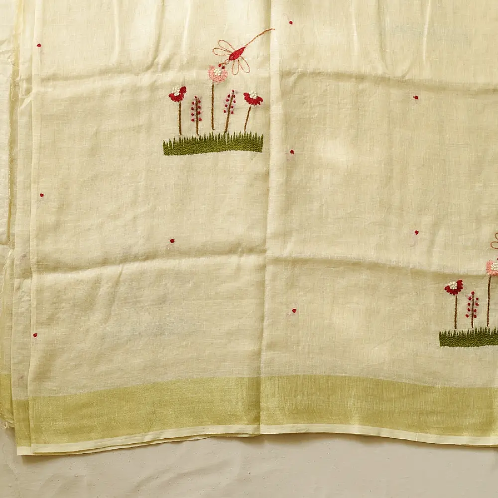 shop Handloom Linen Embroidered Saree - Light Yellow 