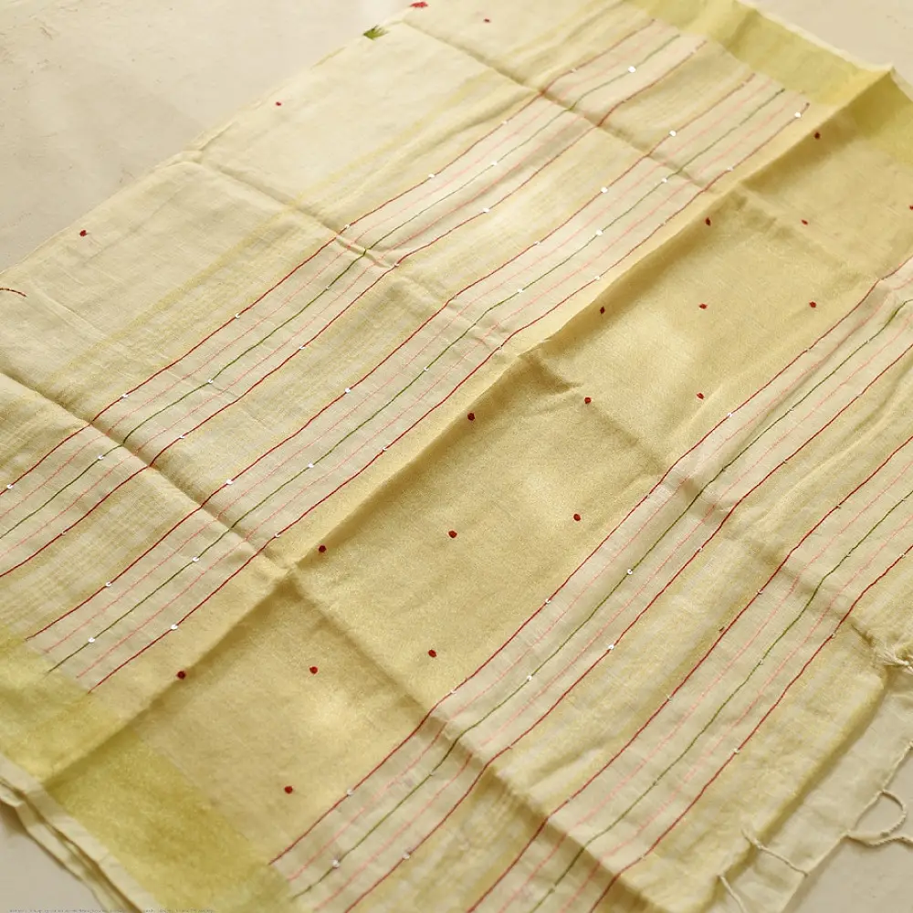 shop Handloom Linen Embroidered Saree - Light Yellow 