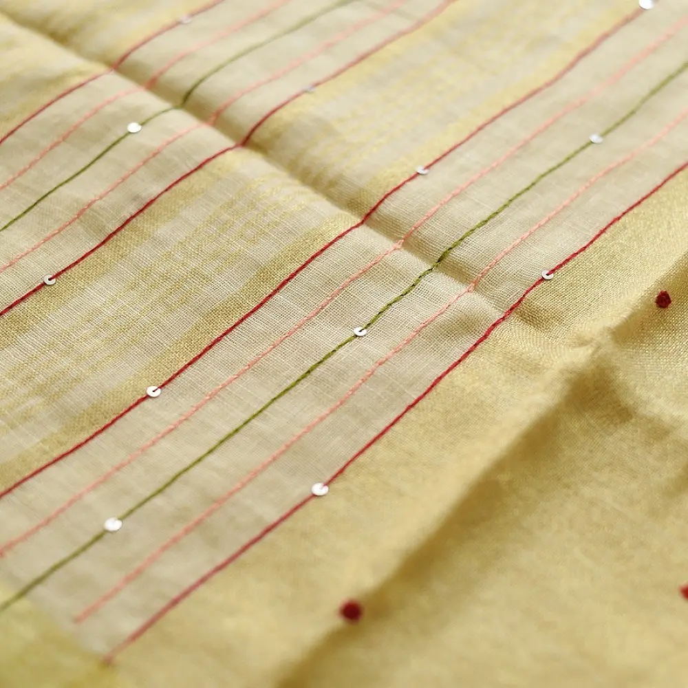 shop Handloom Linen Embroidered Saree - Light Yellow 