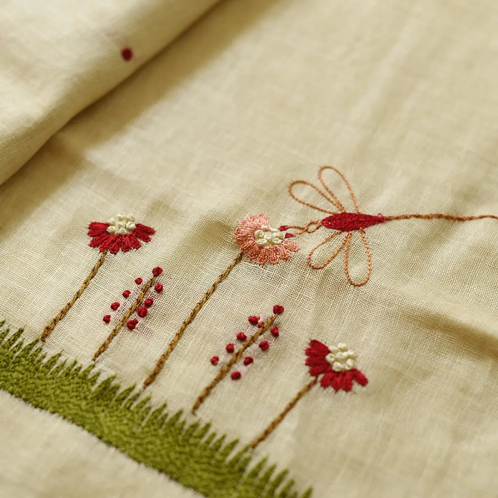 shop Handloom Linen Embroidered Saree - Light Yellow 