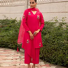 Advaya . अद्वया | Hand Embroidered Chanderi Kurta Set with Organza Dupatta