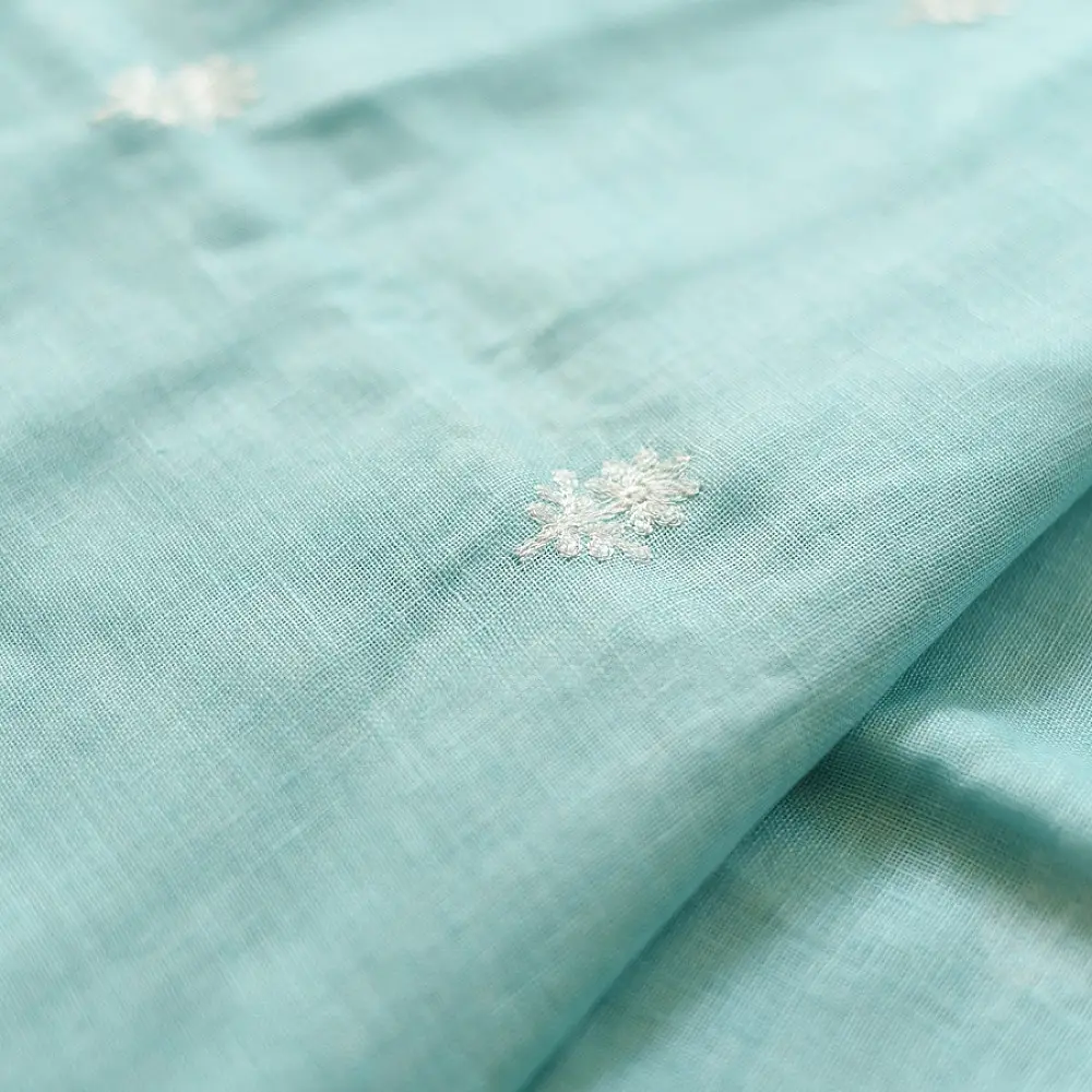shop Handloom Linen Embroidered Saree - Sky Blue