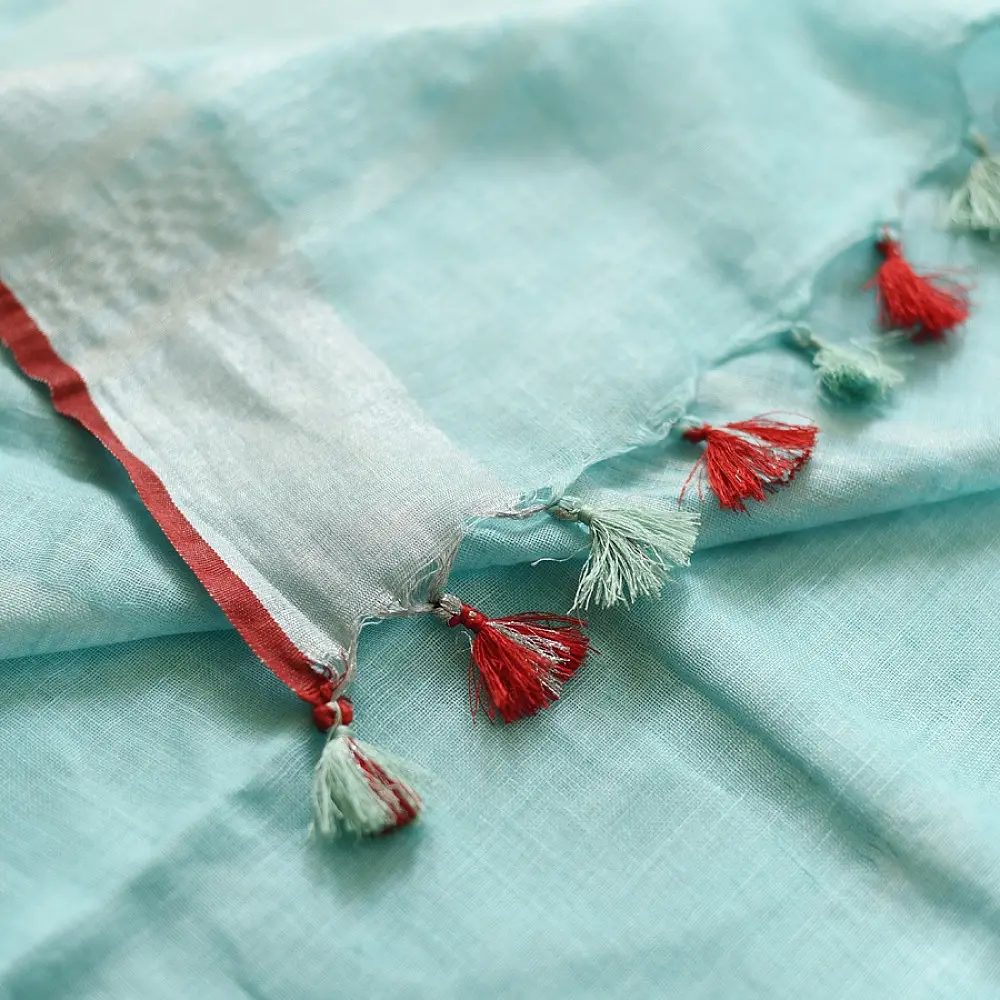 shop Handloom Linen Embroidered Saree - Sky Blue
