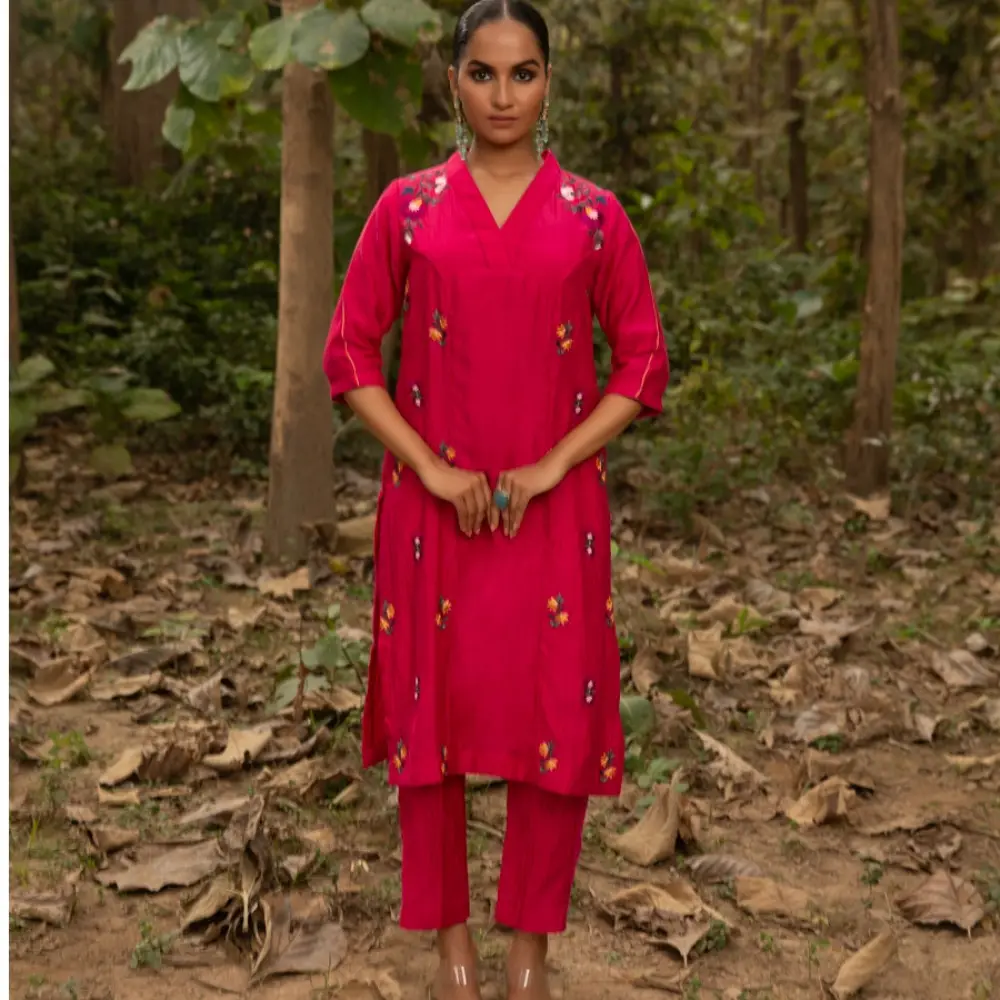 shop Hand Embroidered Chanderi Tunic Set Paired with Silk Pant